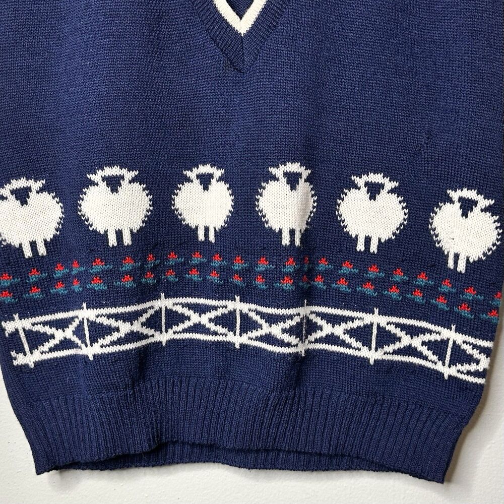 VTG 80s Pendleton Wool Sweater Vest Size L Navy Lamb Print Cottagecore Whimsical - Picture 2 of 8